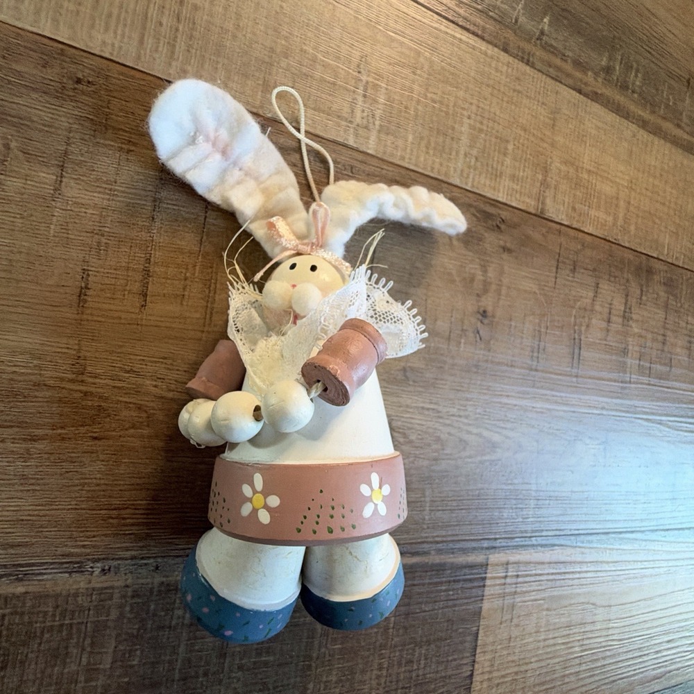 vintage handcrafted terra cotta flower pot Easter bunny ornament